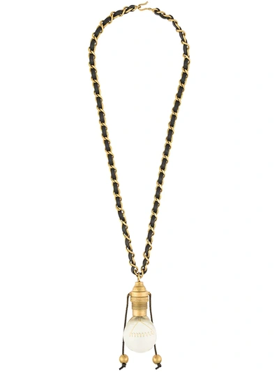 Pre-owned Chanel 1994 Light Bulb Leather-and-chain Necklace In Gold