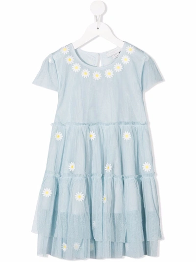 Stella Mccartney Kids' Daisy Embroidered Tiered Tulle Dress In Blue