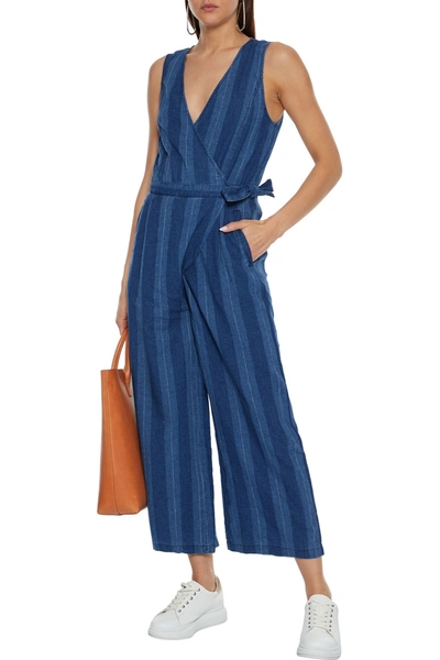 Joie Xenia Cropped Striped Linen And Cotton-blend Wrap Jumpsuit In Ocean