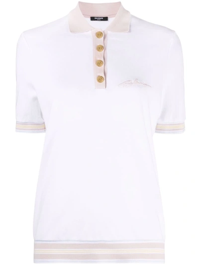 Balmain Logo Cotton-blend Polo Shirt In White