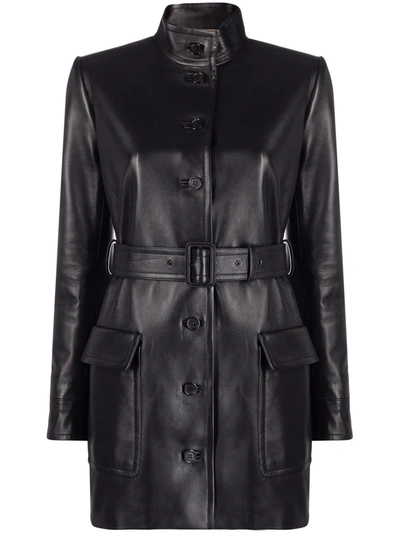 Saint Laurent Belted Leather Coat In Schwarz