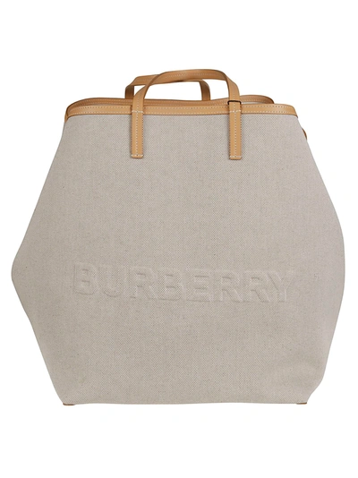 Burberry Xl Smooth Leather Canvas Beach Tote In Soft Fawn/warm Sand