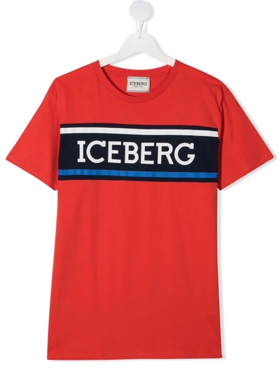 Iceberg Kids' Logo Stripe Cotton T-shirt In Red