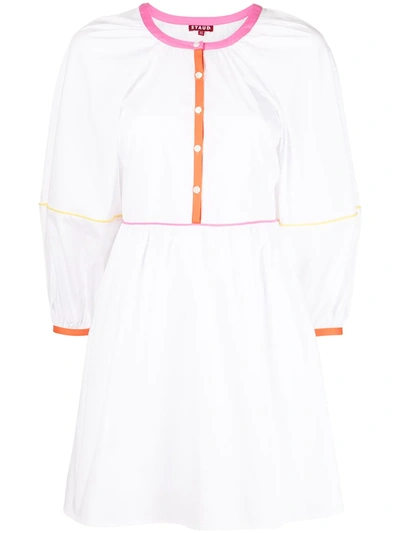 Staud Mini Demi Long Sleeve Stretch Cotton Woven Dress In White Multi New