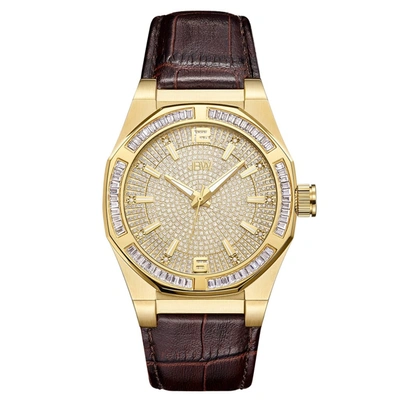 Jbw Apollo Crystal Pave Brown Leather Mens Watch J6350b In Brown / Gold Tone