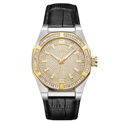 Jbw Apollo Crystal Pave Dial Black Leather Mens Watch J6350e In Black,gold Tone,silver Tone,yellow