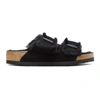 Birkenstock Arizona Soft Footbed Suede Leather Shearling Black Narrow Fitting Sandals In Black/black