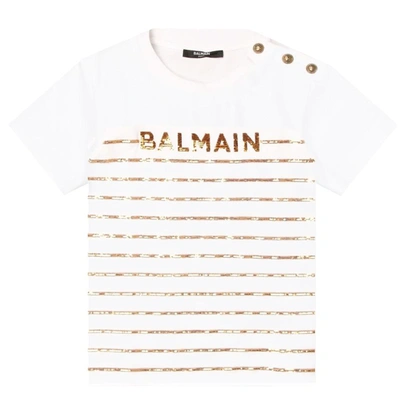 Balmain Logo亮片条纹t恤 In Bianco