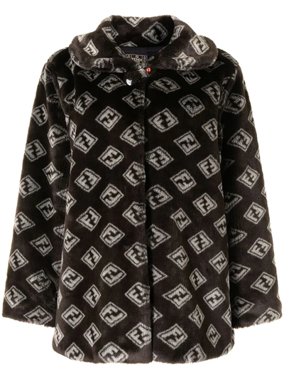 Pre-owned Fendi 1990s Logo Print Faux-fur Jacket In Brown