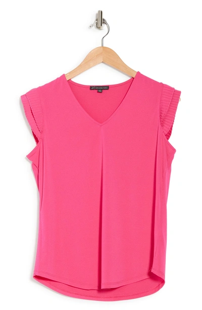 Adrianna Papell V-neck Double Pleated Sleeve Moss Crepe Top In Hyper Pink