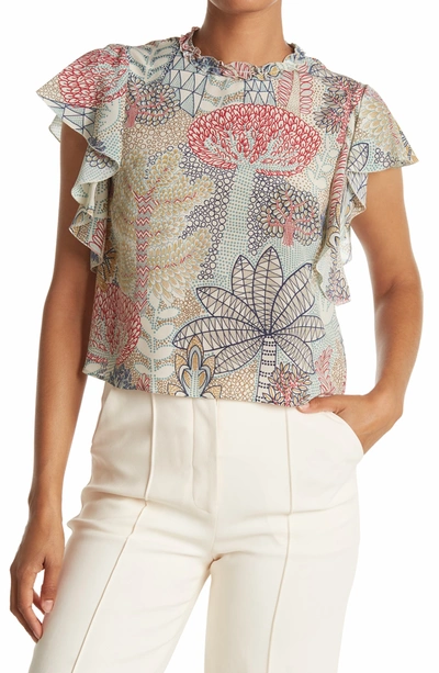 Red Valentino Floral Printed Ruffle Top In Avorio