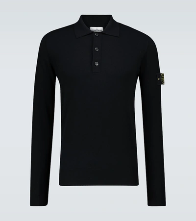 Stone Island Long-sleeved Knitted Polo Shirt In Black