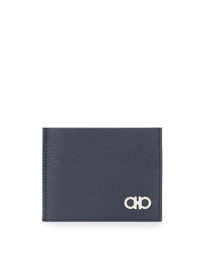 Ferragamo Revival Double Gancio Leather Bifold Wallet In Blue
