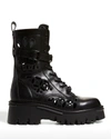 Valentino Cutout Leather Combat Boot In 0no Nero