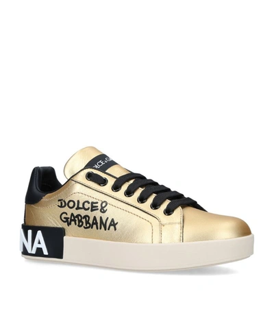 Dolce & Gabbana Foiled Calfskin Portofino Sneakers With Lettering In Gold