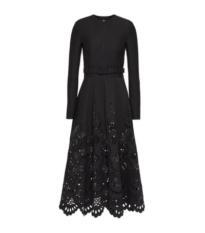 Valentino Broderie Anglaise-trimmed Wool And Silk-blend Crepe Dress In Black
