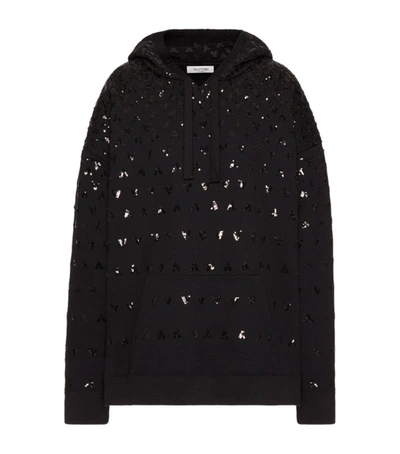 Valentino Sequined V-logo Embroidered Hoodie In Black