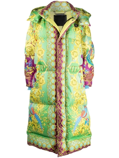 Philipp Plein Baroque-print Long Padded Jacket In Grün