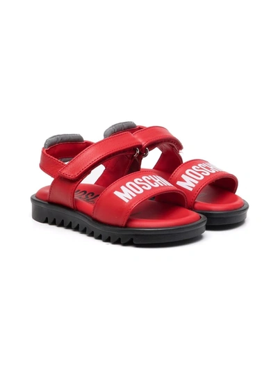 Moschino Kids' Logo印花魔术贴凉鞋 In Red