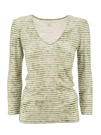 Majestic Striped T-shirt With V-neck In Green