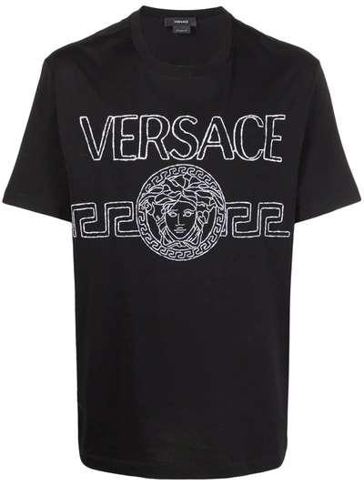 Versace Logo刺绣t恤 In Black