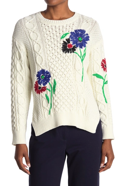 Red Valentino Floral Embroidered Cable Knit Sweater In Avorio