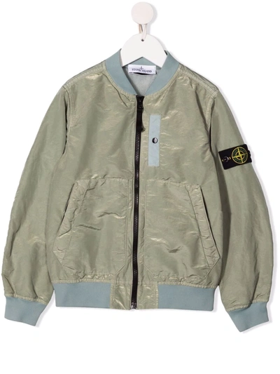 Stone Island Junior Kids' Leather-effect Bomber Jacket In Green