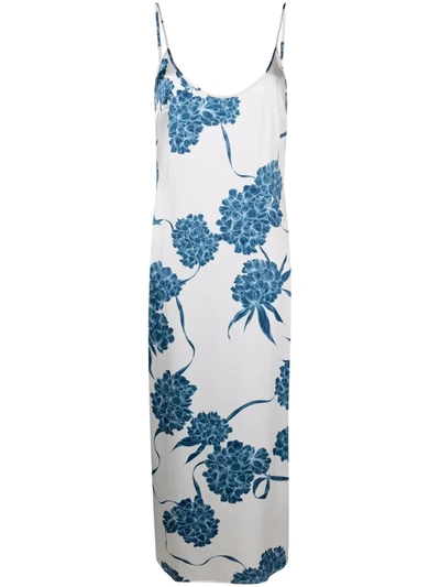 La Perla Scoop-back Floral-print Silk-satin Slip Dress In Off White/dusty Blue