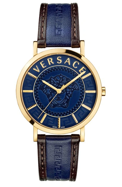 Versace V Essential Goldtone & Leather-strap Watch In Blue