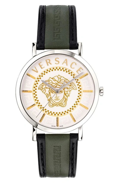 Versace V-essential Leather Strap Watch, 40mm In Silver