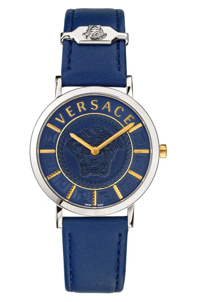 Versace V-essential Leather Strap Watch, 36mm In Silver