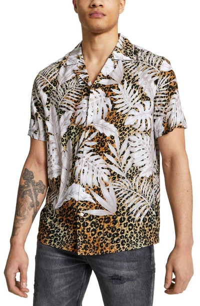 River Island Leopard Leaf Short Sleeve Button-up Camp Shirt In Ecru