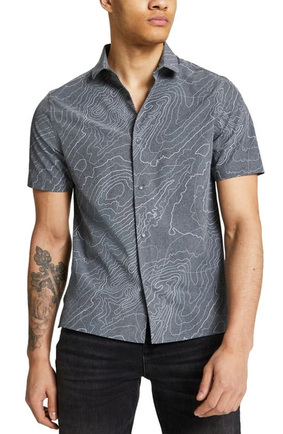 River Island Geo Pattern Stretch Short Sleeve Button-up Shirt In Dark Grey