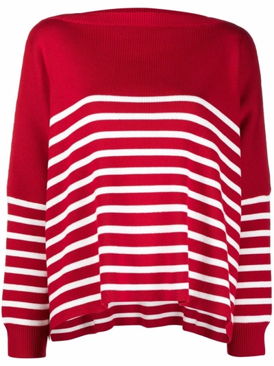 Valentino Oversized Boat-neck Striped Cotton Sweater In Red
