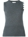 THOM BROWNE SLEEVELESS CREW NECK SHELL TOP WITH 4-BAR STRIPE IN MEDIUM GREY CASHMERE,FKV001A0001111559488