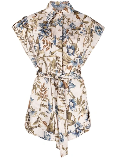 Zimmermann Aliane Belted Floral-print Linen Playsuit In Multi-colour