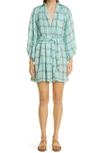 Lisa Marie Fernandez + Net Sustain Poet Belted Checked Linen-blend Gauze Mini Dress In Seafoam Windowpane