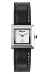 Ferragamo Square Leather Strap Watch, 19mm In Silver/ Black