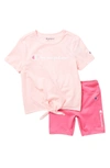 Champion Kids' Script Tie Front T-shirt & Biker Short Set In Pnk Candy Bubbly Pnk