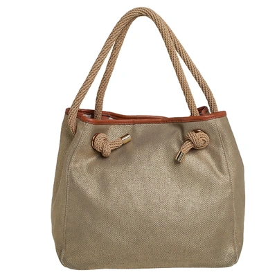 Pre-owned Michael Michael Kors Metallic Beige/brown Canvas And Leather Large Isla Tote