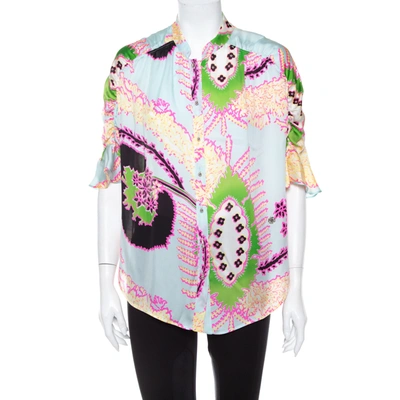 Pre-owned Roberto Cavalli Multicolor Abstract Printed Silk Ruffle Sleeve Blouse L