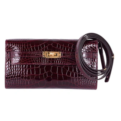Pre-owned Hermes Kelly Classique To Go Wallet Bordeaux Alligator Gold Hardware New W/box In Burgundy