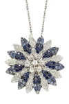 Suzy Levian Two-tone Blue Sapphire, Created White Sapphire & Brown Diamond Burst Pendant Necklace In Blue