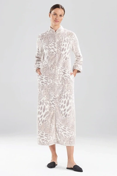 Natori Plush Leopard Zip Lounger Top In Silver Pearl