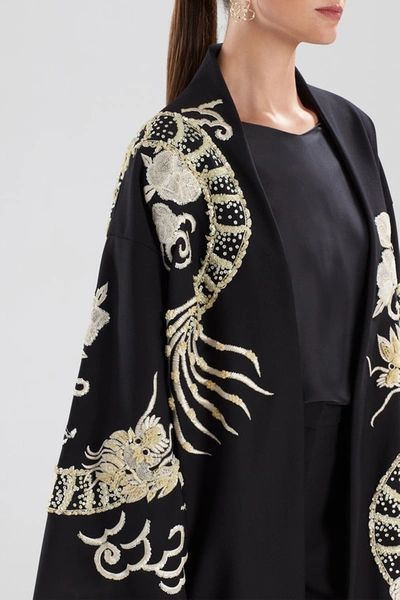 Josie Natori Natori Compact Knit Crepe Embroidered Dragon Caban Jacket In Black