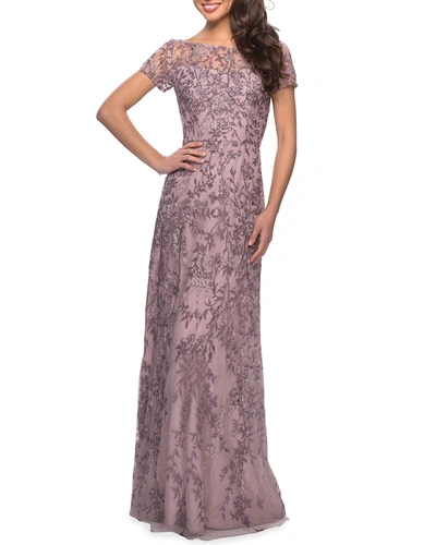 La Femme High-neck Floral Beaded Lace Gown In Dusty Lilac
