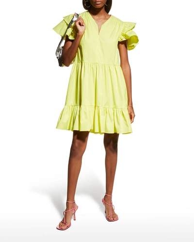 Tanya Taylor Marisol Ruffle-sleeve Dress In Neon Yellow