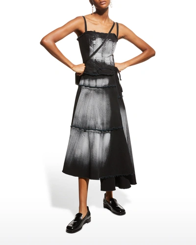 Marni Asymmetric Tiered Wrap Denim Midi Dress W/ Paint Detail In Black