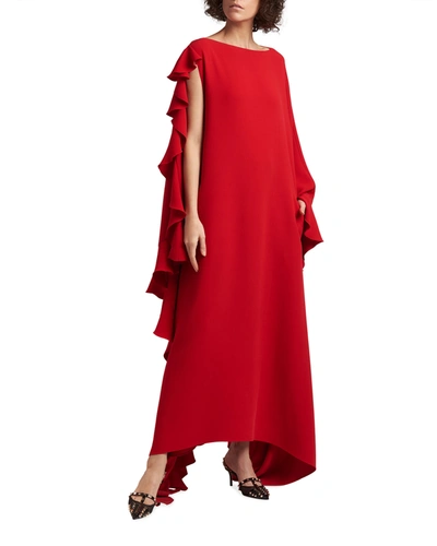 Valentino Waterfall-flounce Cape-sleeve Silk-crepe Gown In Red