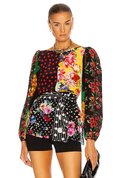 Dolce & Gabbana Belted Patchwork Silk-blend Crepe De Chine Blouse In Black,red,yellow